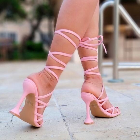Women's Pink Strappy Pyramid Heel Gladiator Sandals - Picture 5 of 5
